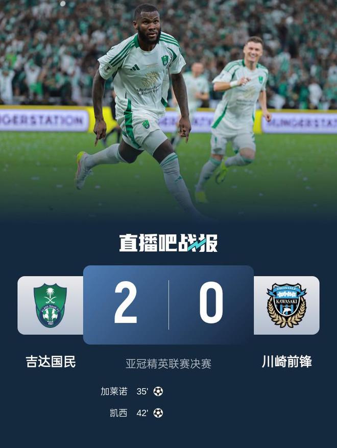亚冠新王登基，吉达国民2-0胜川崎夺冠，凯西破门菲尔米诺助攻。